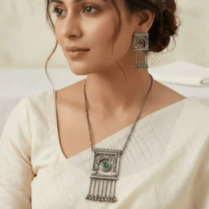 Handcrafted Oxidised Silver Necklace with Emerald Accents