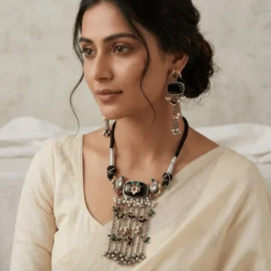 Handcrafted German Silver Statement Necklace with Onyx & Pearl Tassels