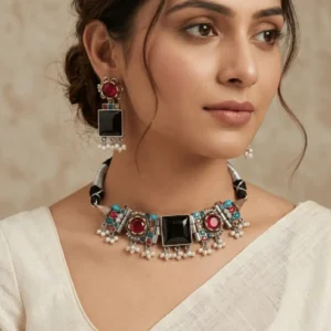 German Silver Statement Set with Bold Stone Necklace