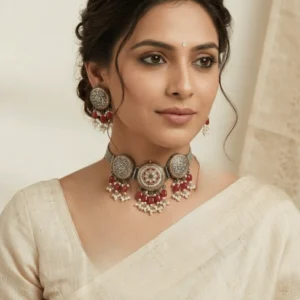 Handcrafted Oxidised Silver Statement Set with Oval Stone Tassels